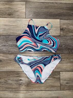 Raisins Multi-Swirl High Neck Bikini in Coral, Teal & Navy